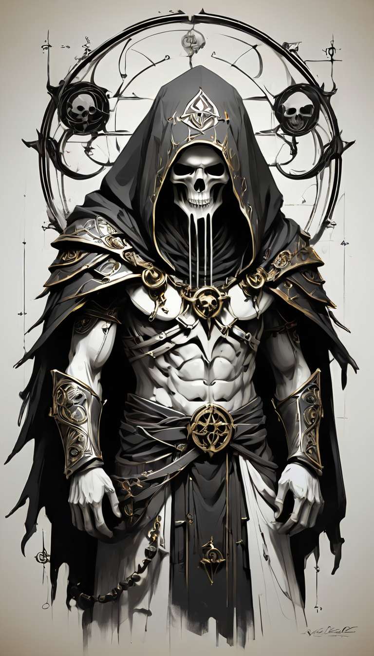 sketch_sheet, a drawing of Necromancer, ((black and white:1.5)), (paper background:1.5) golden ratio, detailed, sharp focus, intricate, still, dynamic, full color, attractive, cinematic, highly saturated colors, surreal, open intriguing, very inspirational, glowing, magical, thought fascinating, creative, positive, unique  <lora:sketches-sdxl:1>