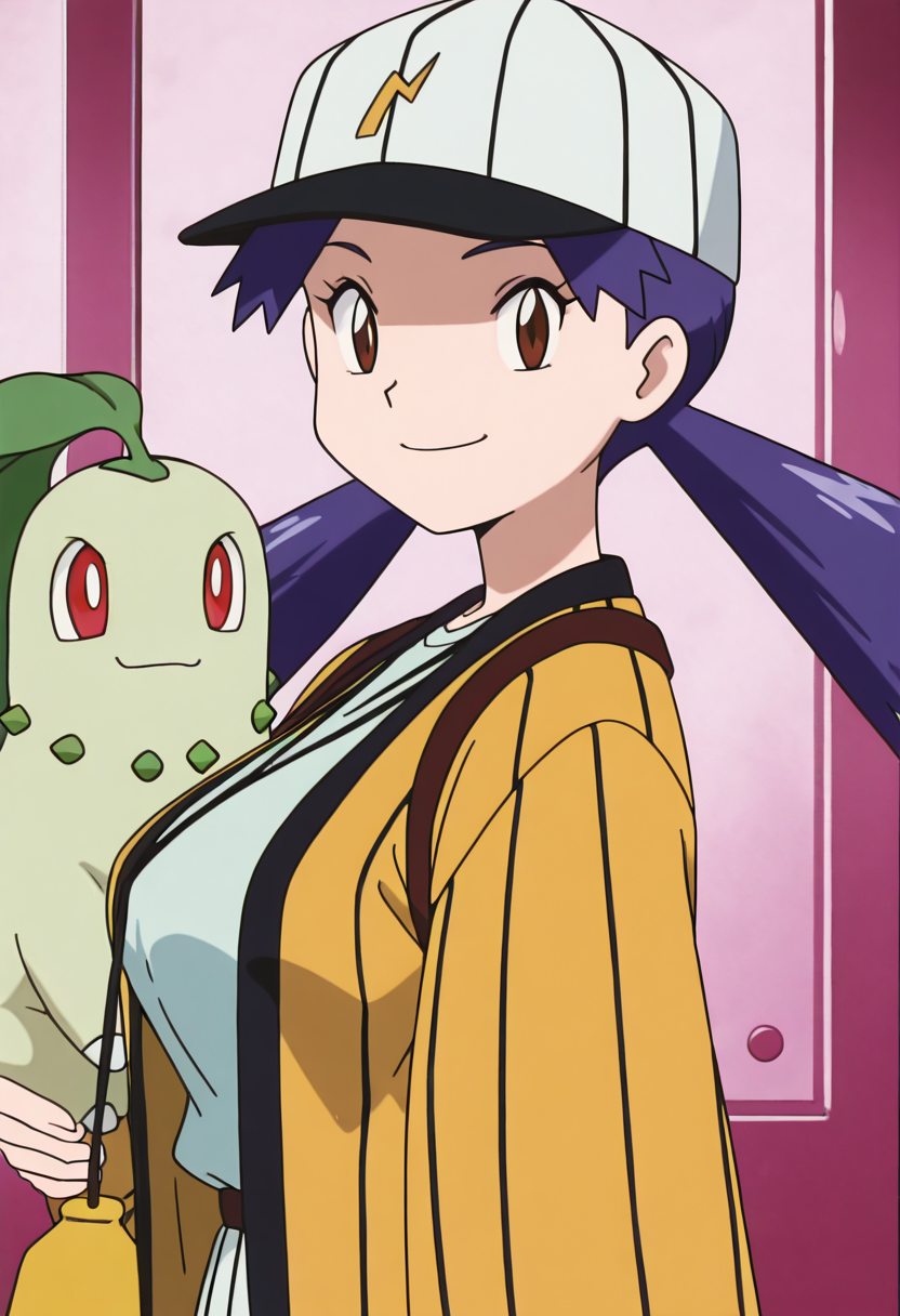 masterpiece, best quality, solo, curvy, beautiful eyes, aged up, large breasts, (upper body), 1girl, solo, smile, looking at viewer, zzCasey, brown eyes, blue hair, twintails,   baseball cap, yellow jacket, open jacket, stripes, wide sleeves, holding chikorita, <lora:ChikoritaPokedex_IXL:1.0>,  <lora:CaseyBaseballBeauty_IXL:1.0>,   upper body, side view, smile, looking at viewer, shiny skin,