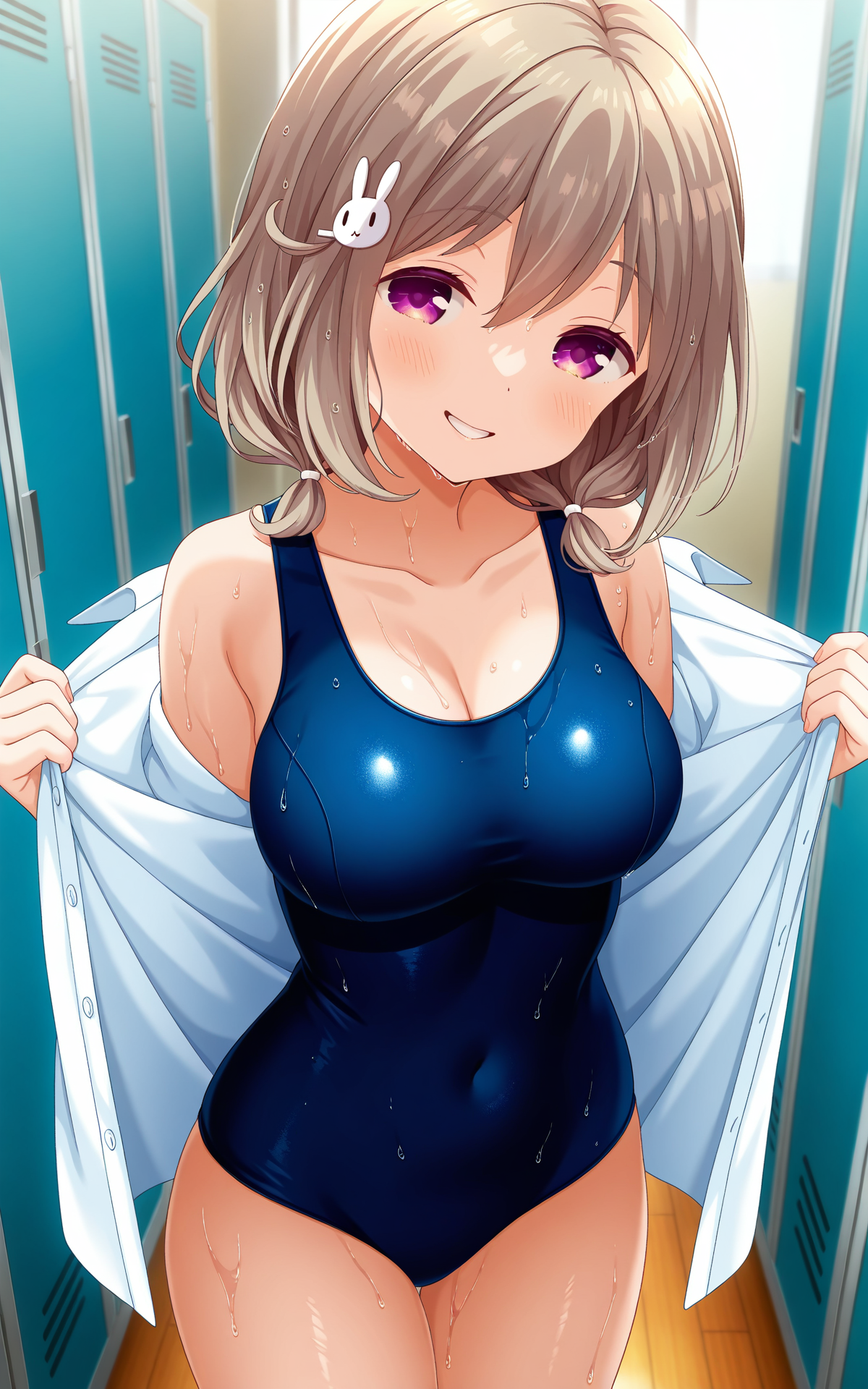 masterpiece, best quality, good quality, newest,4k, perfect lighting, cinematic, very aesthetic, official art, anime screencap, anime coloring,locker room,
1girl,solo,kazemachi haruka,brown hair,short hair,hair ornament,rabbit hair ornament,purple eyes,
(white shirt:1.5),collared shirt,swimsuit under clothes,blue one-piece swimsuit, school swimsuit,thighs,wet,open shirt,opened by self,
standing,seductive smile,naughty face,half-closed eyes,parted lips,looking at viewer,head tilt,REAK
<lora:ILharuka:0.8>
