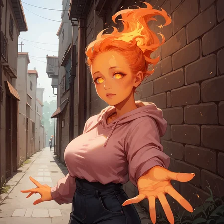 score_9, score_8_up, score_7_up, score_6_up, score_5_up, score_4_up, source_cartoon, <lora:Nova_Sphere_Style_V1.0:0.8>, Beautiful Lighting, realistic,
1girl, ultra detailed eyes, thick thighs, huge ass, narrow waist,
detailed background, outdoors, alley,
oversized hoodie, pink hoodie, (bottomless:1.3), ponytail, large breasts,
(reaching towards viewer:1.3), upper body,
<lora:firehuman:1>, firehuman, fiery body, orange body, white eyes,