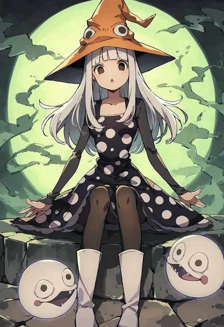 (score_9,score_8_up,score_7_up,score_6_up,score_5_up,score_4_up, source_anime:1.2), facing viewer, anime, (vivid colors, bright colors:1.1), 1girl, thin, curves, adult, thin waist, (Eruka_Frog:1.3), medium size breasts, open mouth, white hair,long hair,bangs,orange hat, thin hat, witch hat, black dress,black pantyhose,white boots,polka dots,polka dot dress, (sitting crosslegged, conjuring a spell:1.2),( eerie, ghostlights, ghostfire, night, bright lightsource, green theme:1.2), <lora:Eureka_Frog_v10:1>, <lora:add-detail-xl:1>