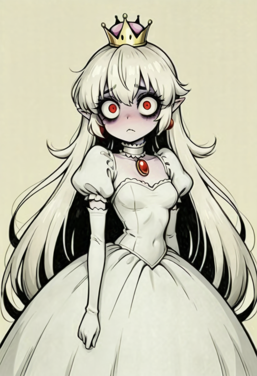 masterpiece, best quality,    <lora:NightmareDex_IXL:1.4>,   exhausted, big eyes, bags under eyes, eyeliner,   (1girl, solo, eyelashes, 1girl, solo, long hair, breasts, looking at viewer, bangs, blue eyes, long sleeves, jewelry, closed mouth, upper body, white hair, earrings, choker, pointy ears, puffy sleeves, belt, necklace, collar, colored skin, lipstick, juliet sleeves, elf, wall, long hair, looking at viewer, blue eyes, long sleeves, closed mouth, upper body, white hair, pointy ears, puffy sleeves, colored skin, red lips:0.6),  Boosette_Mario, 1girl, long hair, white hair, long white dress, ballroom dress, white gloves, <lora:GothRetroNAI:0.4>, <lora:Boosette_Mario_SDXL:0.7>,