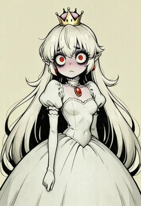 masterpiece, best quality,    <lora:NightmareDex_IXL:1.4>,   exhausted, big eyes, bags under eyes, eyeliner,   (1girl, solo, eyelashes, 1girl, solo, long hair, breasts, looking at viewer, bangs, blue eyes, long sleeves, jewelry, closed mouth, upper body, white hair, earrings, choker, pointy ears, puffy sleeves, belt, necklace, collar, colored skin, lipstick, juliet sleeves, elf, wall, long hair, looking at viewer, blue eyes, long sleeves, closed mouth, upper body, white hair, pointy ears, puffy sleeves, colored skin, red lips:0.6),  Boosette_Mario, 1girl, long hair, white hair, long white dress, ballroom dress, white gloves, <lora:GothRetroNAI:0.4>, <lora:Boosette_Mario_SDXL:0.7>,