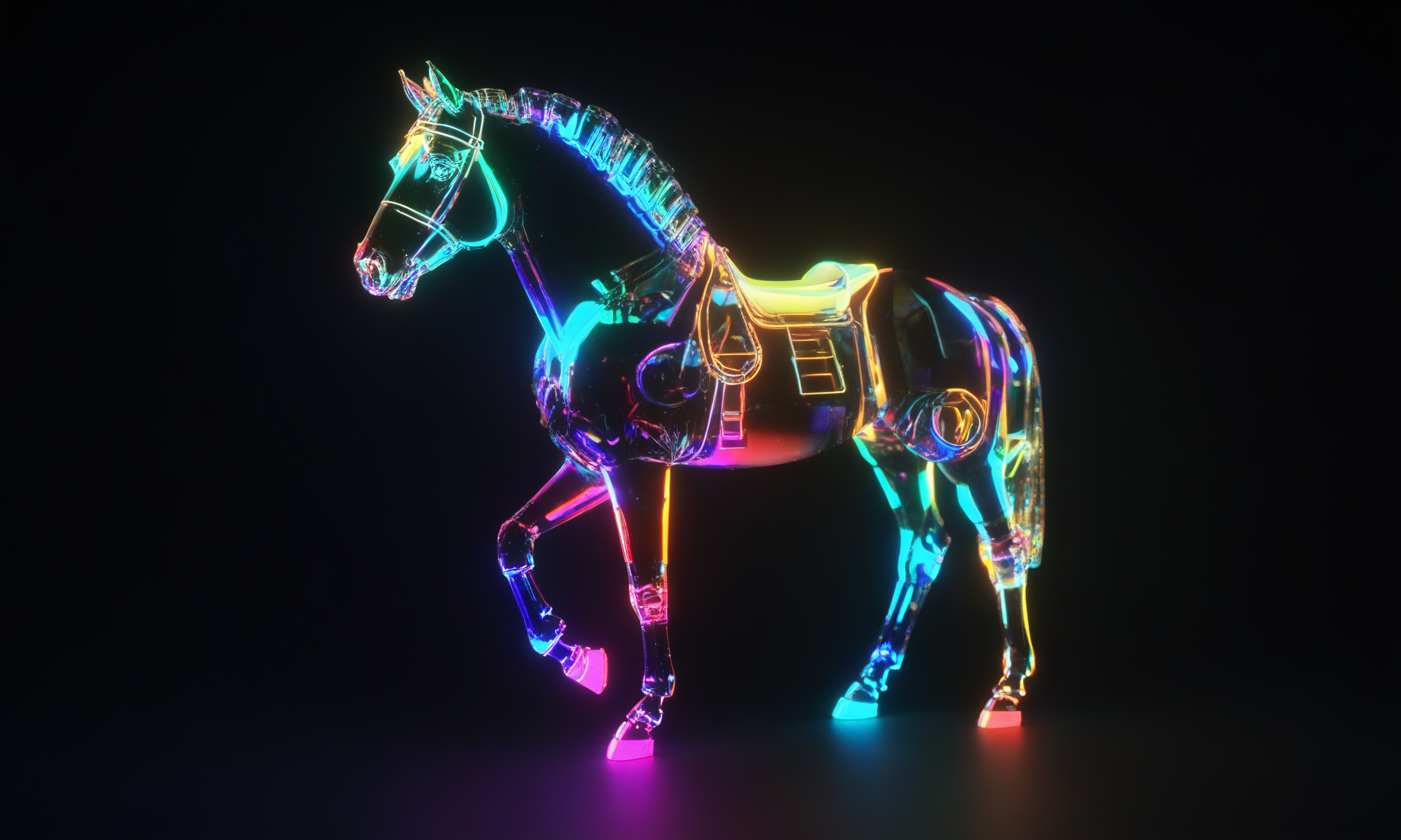 <lora:shineglasscd_xl-000005:0.7>,a (shineglasscd_xl,shine glass,neon lights,light particles,colorful:1.3,gradient,chromatic aberration) mechanical horse,no humans,long-focus,tilt-shift,dark background,simple background,full body,chinese zodiac,cutie,cute,still life,front view,facing viewer,looking at viewer, emotional,harmonious,high budget,moody,epic,gorgeous,perfect lighting,realistic,photorealistic,photographic,photo (medium),real,moody lighting,volumetric lighting,reality ray tracing,8K,HDR,UHD,masterpiece,best quality,highly detailed,high resolution,finely detail,extremely detailed,ultra detailed,wallpaper