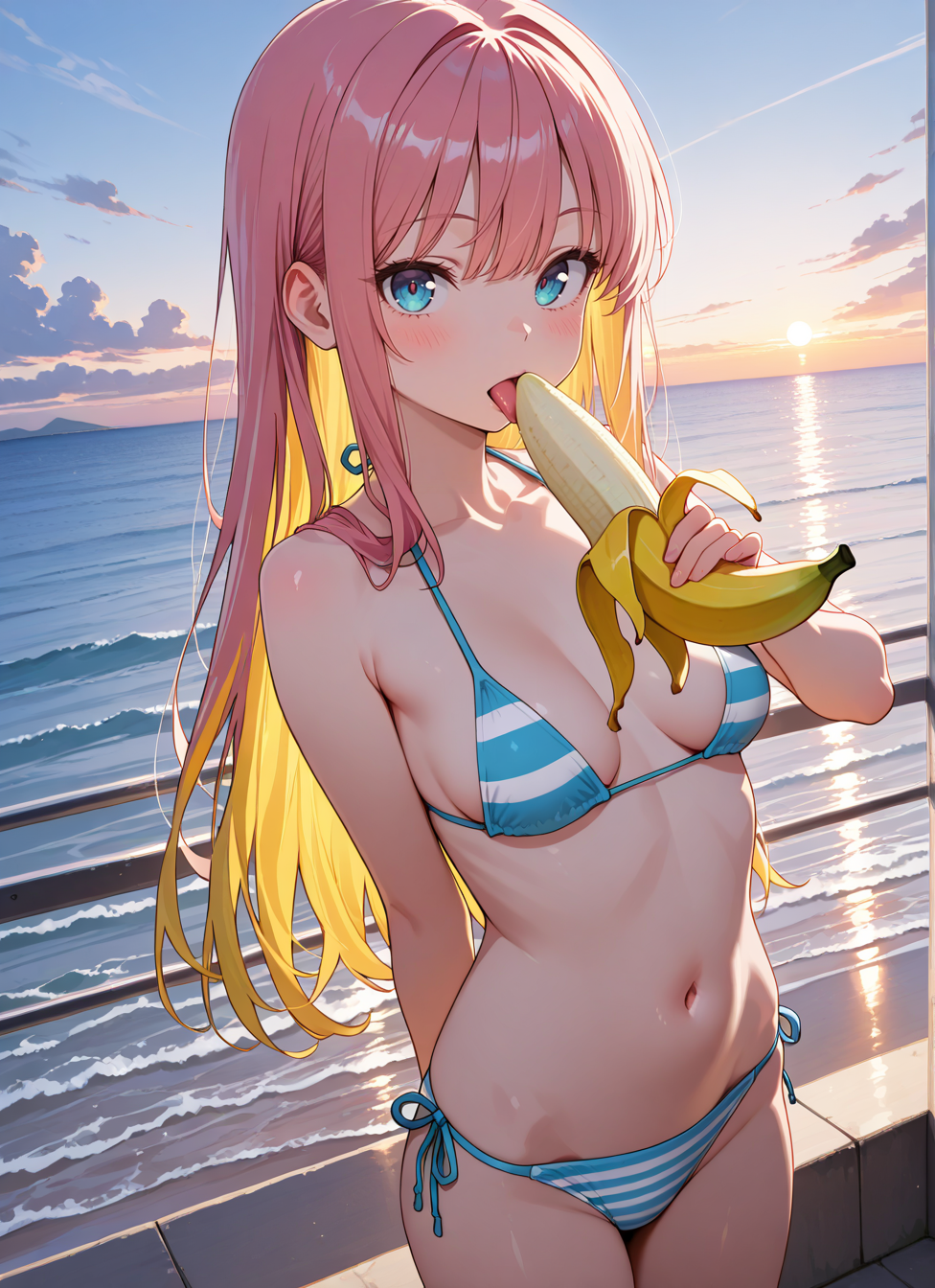 masterpiece,best quality,absurdres,highres,very aesthetic,high quality,detailed,insanely detailed,beautiful,perfect lighting, looking at viewer, very awa
1girl, solo, long hair, blush, multicolored hair,  medium breasts,  bikini, ocean, outdoors, standing, upper body, 
 <lora:privet-move:1> banana, banana peel, licking banana, 
cowboy shot,, <BREAK> , masterpiece, amazing quality, best quality, ultra-detailed, 8K, illustration, CG, anime coloring,