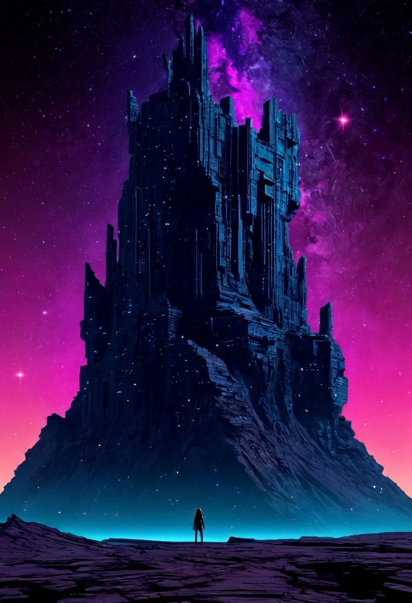 , menacing design.
R3alisticF, Monochrome with color, retro scan of spectral neon Gradient ascii_art, a 80s Sci-fi Ethereal. Dark space, 80`s sci-fi , neon-pastel colors, grainy, vintage. In a discovery that has captivated astronomers and sparked the imaginations of artists and dreamers, NASA's deep space telescope has captured images of a sight both breathtaking and unsettling: a colossal fortress, carved from a single piece of obsidian-like material, orbiting a dying star. And at its heart, a figure of ethereal beauty: a woman, her form sculpted from the same dark material, stands as a silent guardian, her gaze fixed on the infinite expanse of space. The fortress itself is a marvel of dark artistry, its surface a swirling mass of shadows and dimly lit facets. Strange energy signatures pulse from within the fortress, suggesting a mastery of technology far beyond human comprehension, a power that seems to be channeled through the woman at its center. The surrounding space is eerily silent, devoid of any signs of life or civilization, adding to the sense of mystery and wonder that surrounds the obsidian structure.