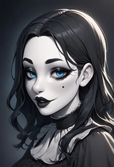 (((beautiful, high quality))), upper Body, score_9, score_8_up, score_7_up,
looking at the viewer, posing,
Clown, Clown makeup, clown costume, black and white clown costume, mime makeup, 1girl, long black hair, freckles, thick eyebrows, blue eyes,
dark background, blurred background,