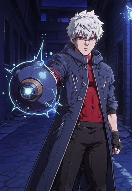 dbstyle, masterpiece, best quality, hyper-Detailed, 1man, solo, male focus, alone, detailed, dmc5_nero ((toned body, fair skin, white hair, hair between eyes, hair over ears, blue detailed eyes,)), ((wearing blue coat with folded sleeves to the elbowl with hood, red sweater, black fingerless gloves, black pants,)), staring at the viewer, blue cannon, arm cannon, aiming at viewer, blue glow, charging up, standing, dark alley, night,