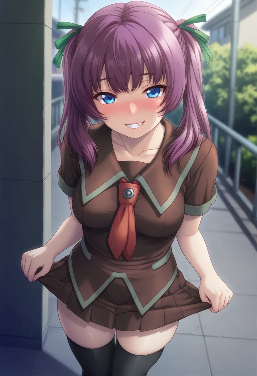 masterpiece, best quality, amazing quality, 1girl, solo, sayakaww, blue eyes, purple hair, long hair, twintails, hair ribbon, medium breasts, school uniform, brown serafuku, collarbone, brown shirt, short sleeves, red necktie, brown pleated skirt, zettai ryouiki, black thighhighs, <lora:Ichinose_Sayaka_Yuumei_Sakai_o_Koto_ni_Suru_ill:0.9>, standing, lifting own clothes, clothes lift, nose blush, seductive smile, open mouth, teeth, clenched teeth, looking at viewer, outdoors, skindentation, detailed clothing folds, depth of field, sharp, high contrast, dynamic light