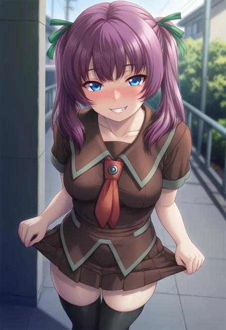 masterpiece, best quality, amazing quality, 1girl, solo, sayakaww, blue eyes, purple hair, long hair, twintails, hair ribbon, medium breasts, school uniform, brown serafuku, collarbone, brown shirt, short sleeves, red necktie, brown pleated skirt, zettai ryouiki, black thighhighs, <lora:Ichinose_Sayaka_Yuumei_Sakai_o_Koto_ni_Suru_ill:0.9>, standing, lifting own clothes, clothes lift, nose blush, seductive smile, open mouth, teeth, clenched teeth, looking at viewer, outdoors, skindentation, detailed clothing folds, depth of field, sharp, high contrast, dynamic light