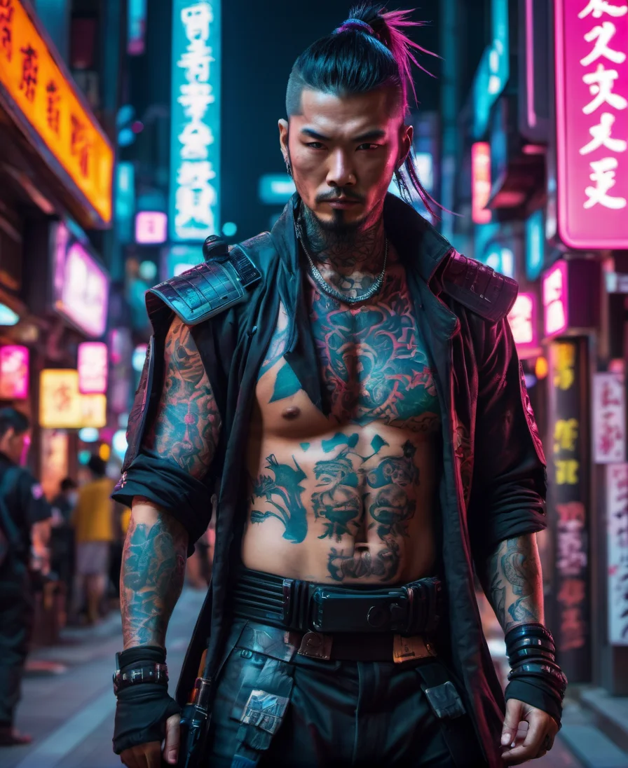 cinematic photo of a cyberpunk street samurai, neon tattoos illuminating his skin, wielding a plasma katana in the bustling underbelly of Neo-Tokyo, cinematic, 4k, 8k uhd, dslr, soft lighting, high quality, film grain