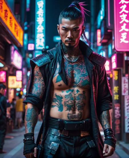 cinematic photo of a cyberpunk street samurai, neon tattoos illuminating his skin, wielding a plasma katana in the bustling underbelly of Neo-Tokyo, cinematic, 4k, 8k uhd, dslr, soft lighting, high quality, film grain