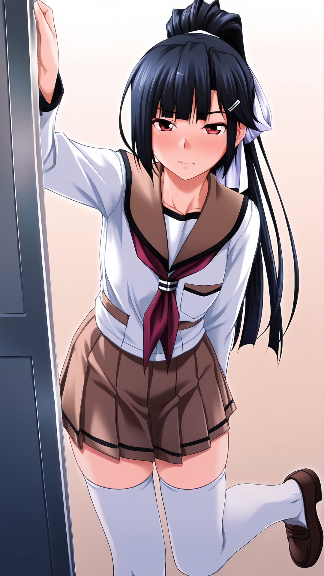 amazing quality,absurdres,best quality,masterpiece,highres,newest,detailed,detailed body,detailed face,masterpiece,best quality,solo,
kurada ibuki,1girl,black hair,long hair,ponytail,red eyes,serafuku,long sleeves,ribbon,hair ribbon,hair ornament,hairclip,pleated skirt,brown skirt,white thighhighs,zettai ryouiki,loafers,brown footwear,<lora:èµç°ãä¼å¹ï¼ãããããã¶ãï¼:0.8>,