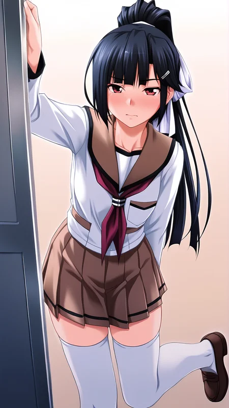 amazing quality,absurdres,best quality,masterpiece,highres,newest,detailed,detailed body,detailed face,masterpiece,best quality,solo,
kurada ibuki,1girl,black hair,long hair,ponytail,red eyes,serafuku,long sleeves,ribbon,hair ribbon,hair ornament,hairclip,pleated skirt,brown skirt,white thighhighs,zettai ryouiki,loafers,brown footwear,<lora:èµç°ãä¼å¹ï¼ãããããã¶ãï¼:0.8>,