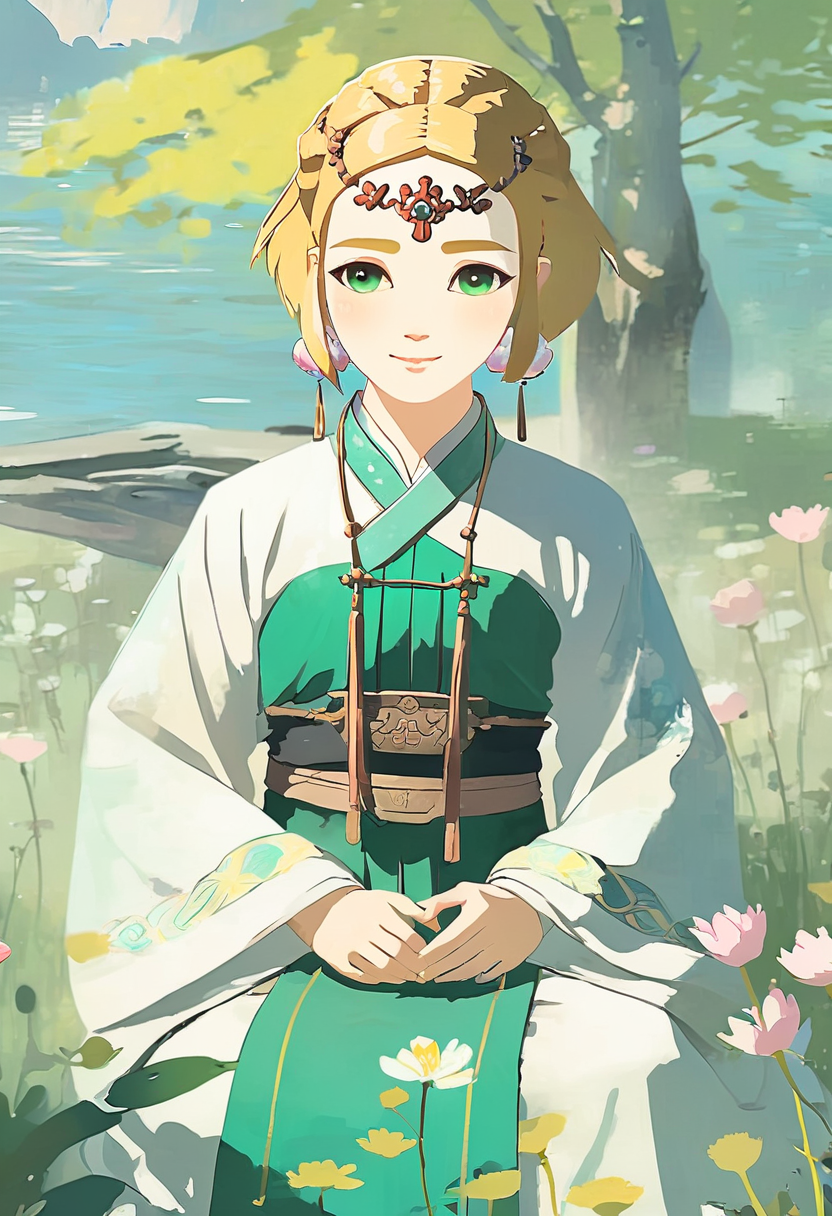 (chinese ink painting:1.9) style of a green eyes girl like totkzelda wearing hanfu Sitting in the middle of the flowers,short blond hair,solo,<lora:xl_totkz:1>, 
detailed background, sunny day,smiling,traditional media