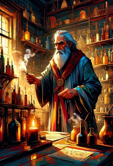 An elderly alchemist with a long white beard and tattered robes mixes potions in a candle-lit laboratory. Shelves of strange ingredients, bubbling cauldrons, mystical symbols, parchment scrolls, extreme close-up, portrait, warm, golden light.