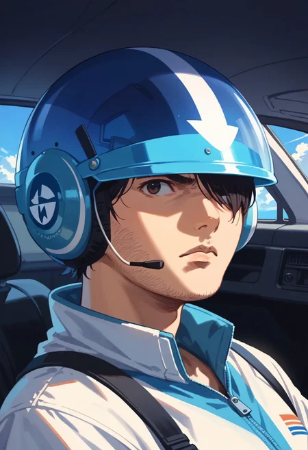 cromartie,Score_9, score_8_up, score_7_up, score_6_up, 1boy, bpbshin, flight suit, standing next to aircraft, portrait, solo, hair over one eye helmet,open helmet grasses, cockpit, visor down