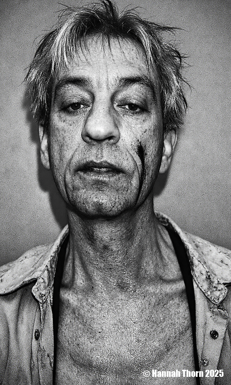 A black and white portrait of a middle-aged man with short, messy hair and a serious expression. he appears to be in his late 60s or early 70s, with light skin and a slightly wrinkled face. his eyes are closed, and he is looking directly at the camera. his hair is messy and unkempt, with some strands falling down his back. he has a black shirt draped over his shoulders, and there are scars on his face and neck, suggesting he has been involved in a serious or intense situation. the background is a plain, textured wall, and the lighting is dramatic, casting shadows on the man's face and upper body. the overall mood of the image is somber and contemplative.<lora:_Flux\Anders_Petersen.safetensors:1.0:1.0>