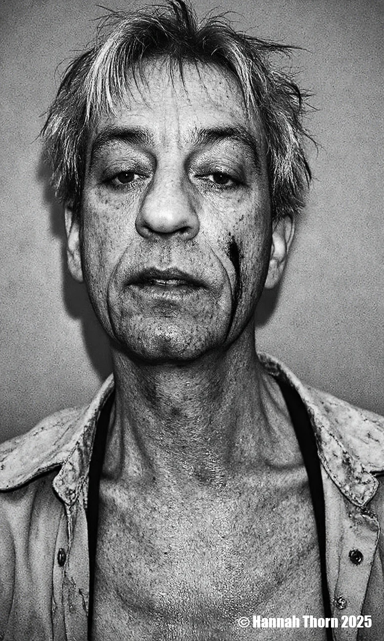 A black and white portrait of a middle-aged man with short, messy hair and a serious expression. he appears to be in his late 60s or early 70s, with light skin and a slightly wrinkled face. his eyes are closed, and he is looking directly at the camera. his hair is messy and unkempt, with some strands falling down his back. he has a black shirt draped over his shoulders, and there are scars on his face and neck, suggesting he has been involved in a serious or intense situation. the background is a plain, textured wall, and the lighting is dramatic, casting shadows on the man's face and upper body. the overall mood of the image is somber and contemplative.<lora:_Flux\Anders_Petersen.safetensors:1.0:1.0>