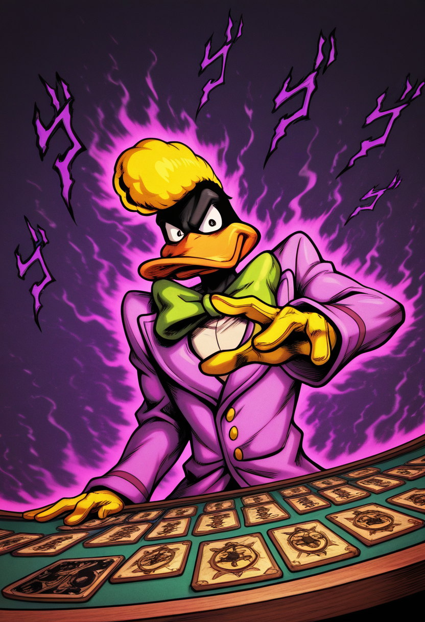 masterpiece, best quality, Graphic Design, color art, vibrant colors, colorful, intricate details, high contrast, detailed background, beautiful detailed, beautiful face, detailed eyes, detailed face, new, newest, z00td4ffy, 1boy, solo, male focus, furry, duck, black skin, beak, black eyes, yellow hair, pompadour, suit, formal, purple coat, yellow gloves, green bowtie, jojo pose, menacing, purple aura, upper body, casino table, from below, low angle, perspective, throwing dices, dutch angle,