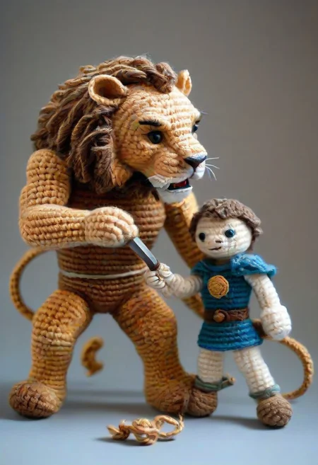 Saber fighting a lion, by saint exupery, crocheted style