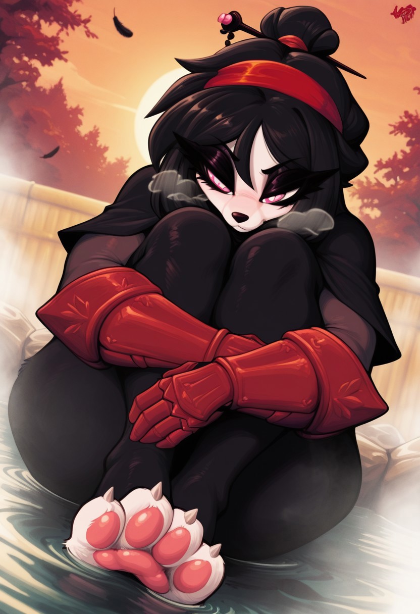 juggertuul,  outdoors, undershirt, falling feathers, black bodysuit, hair stick, hugging own legs, , gauntlets,   eyeshadow,   red gloves, black capelet, red hairband, pink eyes, medium hair, black hair, 1girl, solo,  dynamic angle, foreshortening, furry, furry female, anthro, paws, claws, pawpads, steam, smell, visible, breath, onsen, water