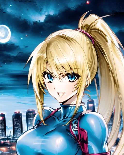 masterpiece, best quality, 1girl, solo, thegoldensmurf-8100, (samus aran), (blonde hair), (blue eyes), ((portrait)), perfect face, ((cityscape)), ((zero suit)), ponytail, bright colours, ((((night)))), street fighter, upper body, ((small breasts)), epic, ((realistic))