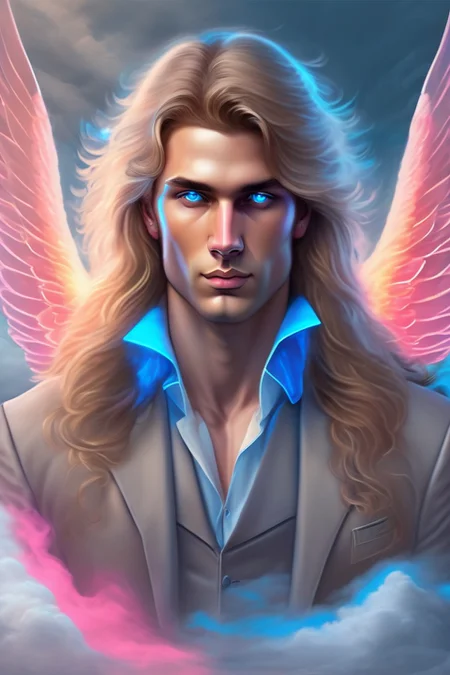 Guardian angel portrait, front, male, majestic, long hair, dark blonde, long wings, fine art portrait painting, strong light, neon blue ambience, clouds, smoke, neon fire eyes <lora:Lexica_XL_V1:1> Lexica art style