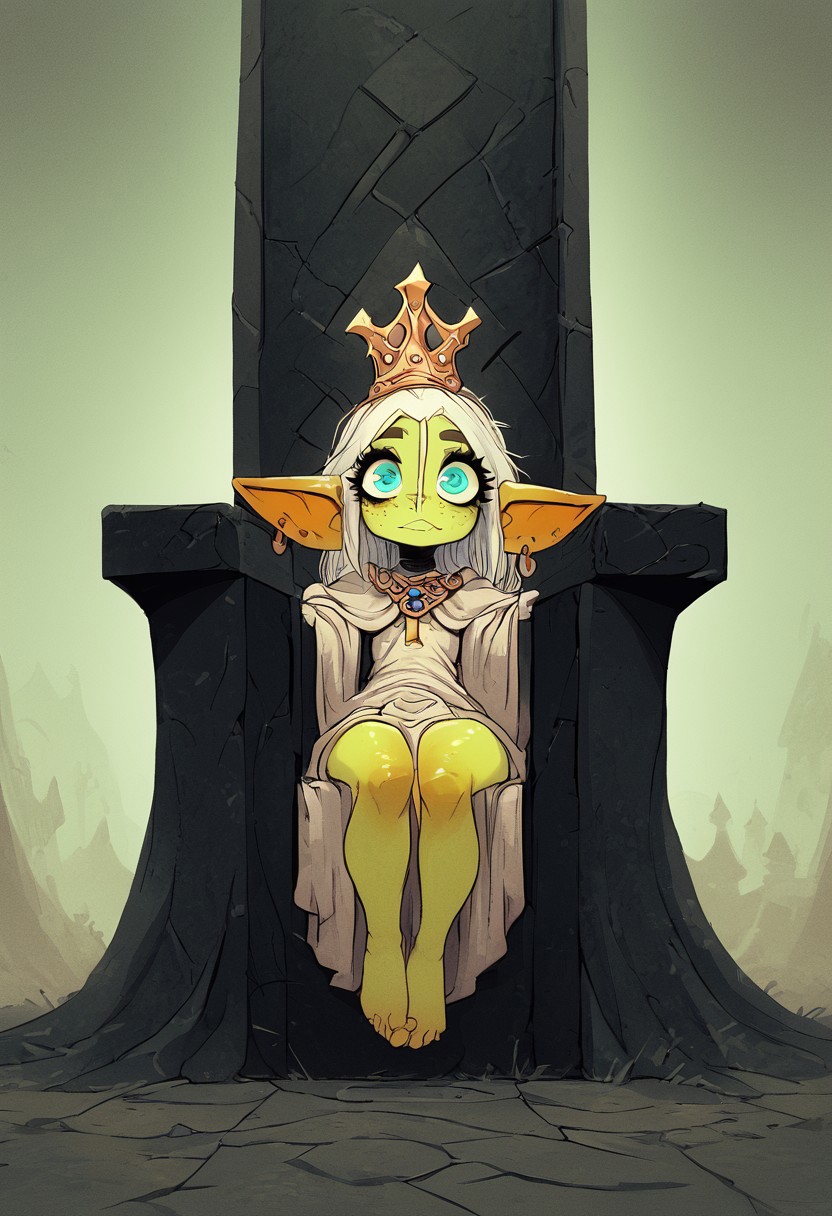 goblin, 1girl, cute face, detailed face, green skin, freckles, angelic white hair, earrings, crown, high definition eyes, eyesHD,detailed eyes,high definition eyes, teal eyes, score_9, score_8_up, score_7_up, priestess outfit, oversized top, loincloth, skirt, barefoot, full body shot, sitting at throne, dynamic angle, dynamic view,