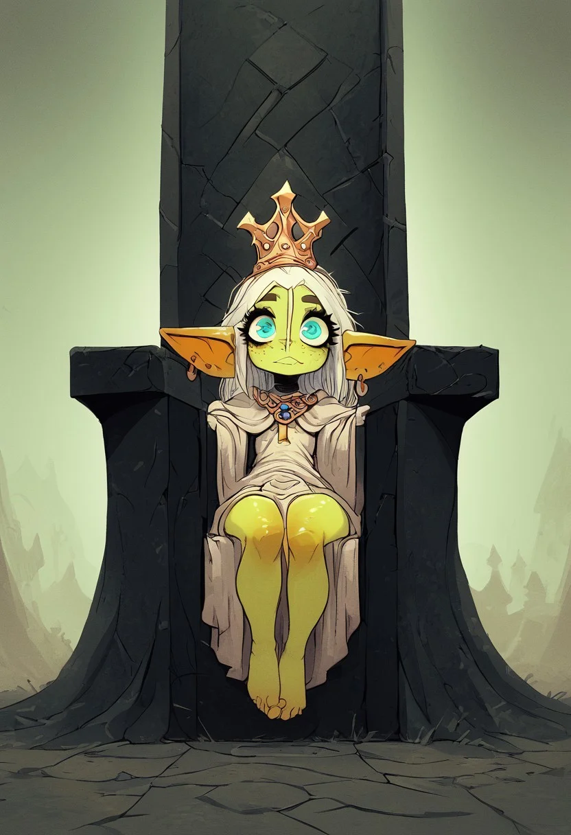 goblin, 1girl, cute face, detailed face, green skin, freckles, angelic white hair, earrings, crown, high definition eyes, eyesHD,detailed eyes,high definition eyes, teal eyes, score_9, score_8_up, score_7_up, priestess outfit, oversized top, loincloth, skirt, barefoot, full body shot, sitting at throne, dynamic angle, dynamic view,