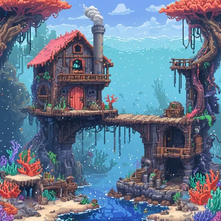 forge in coral reef biome ArsMJStylePony, Pixel Art, ManyP <lora:ArsMJStyleSDXL_-_Pixel_Art:1>