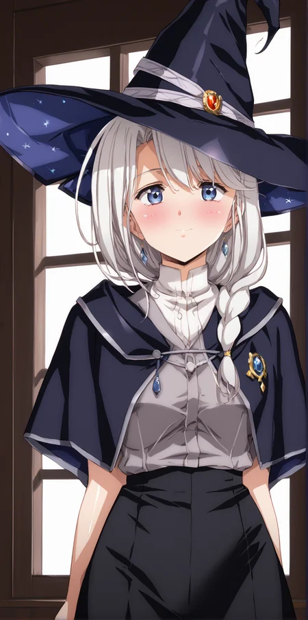 1girl, masterpiece, highres, high quality,night, dark room,
score_9, score_8_up, score_7_up, score_6_up, source_anime,
(mature female), cowboy shot,
BREAK
indoors, (blush:2), seductive smile, smile,
covered nipples,
BREAK,
BREAK,
Victoria, long hair, blue eyes, braid, single braid, witch hat, ahoge, white hair,<lora:Urushihara Satoshi_XL_PONY_V2:0.9>,<lora:WanderingWitch:0.8>