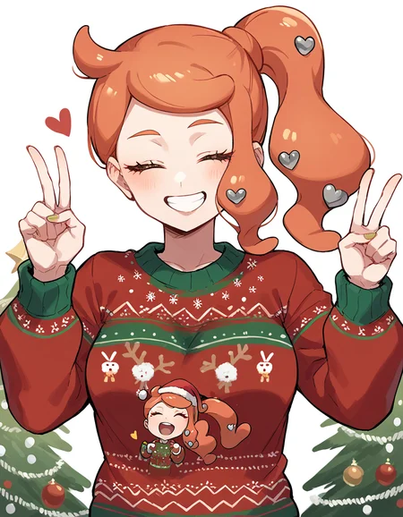 score_9, score_8_up, score_7_up, source_anime, <lora:pokemon-sonia-ponyxl-lora-nochekaiser:1> pokemonsonia, heart, heart hair ornament, long hair, long sleeves, orange hair, side ponytail, swept bangs, medium breasts, <lora:christmas-sweater-ponyxl-lora-nochekaiser:1>, christmas sweater, christmas, ugly sweater, print sweater, red sweater, christmas tree, christmas ornaments, sweater, multicolored sweater, , v, smile, hands up, teeth, closed eyes, cowboy shot,