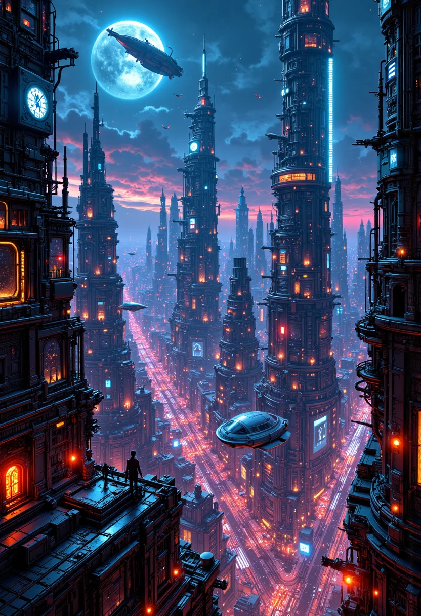 Create a highly detailed,high-resolution image of a futuristic cyberpunk city with towering neon-lit skyscrapers stretching into the dark night sky. Amidst this bustling metropolis,depict various airships and flying vessels navigating through different levels of the cityscape - some soaring above the tallest spires while others dock or hover near sleek rooftop landing pads. Incorporate vibrant,pulsing lights reflecting off gleaming metallic surfaces to immerse the viewer in a captivating vision of what urban life might look like in a futuristic world blending technology and fantasy.,<lora:FluxMythP0rtr4itStyle:1>,mythp0rt,<lora:Flux_Detailer_v3:0.8>,Jeddtlv3,