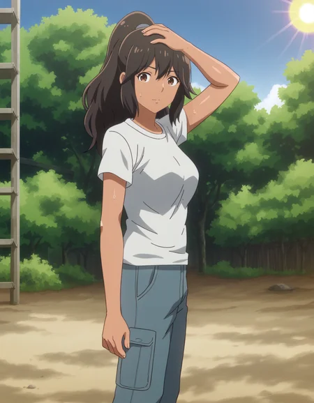 score_9
BREAK
nao_olis, tan, 1girl, solo, brown hair, brown eyes, high ponytail, white shirt, cargo pants, medium breasts, looking at viewer, sweat, hot, hand on own head, from side
BREAK
outdoors, blue sky, sunlight, sun
<lora:nao_KekkonSuruTte_ponyxl_v1_char:1> <lora:nao_KekkonSuruTte_ponyxl_v1_style:1>