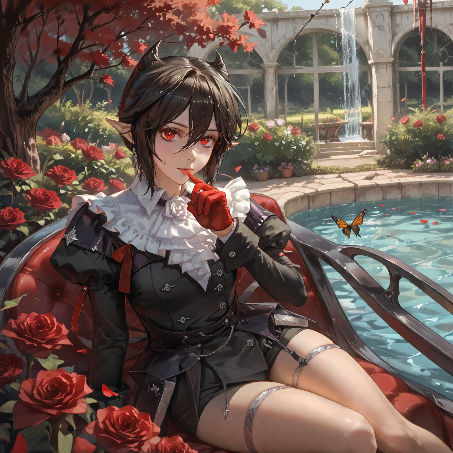 ray tracing, entelechia \(arknights\) with red eyes, pointy ears, black hair, gloves, red gloves, bat (animal), portrait, vampire, black star-shaped pupils, 1girl, solo,, pool, score_9, score_8_up, score_7_up, masterwork, masterpiece, best quality, realistic, ambient occlusion, depth of field, (((dynamic angle))), realistic painted face, painterly, vibrant colours, in lush style, extremely detailed eyes BREAK roses, butterfly, , BREAK fantasy, luxurious furniture, , , baseboards, reclining, evening, golden hour glow, high key lighting, soft light,

, liquid splash, melt, , , acid trip, , , , , warp, distortion, , , minimalist abstract style, , , flowing translucent blue fabric, , shadowy tones, , blue to green transition, , , delicate petals, , natural abstract elements, , , liquid-like fabric texture, dramatic lighting, , surreal artistry, , surreal minimalism, warm gradients, , , fluid design aesthetics, harmonious abstraction, mystical serenity, , surreal natural integration,