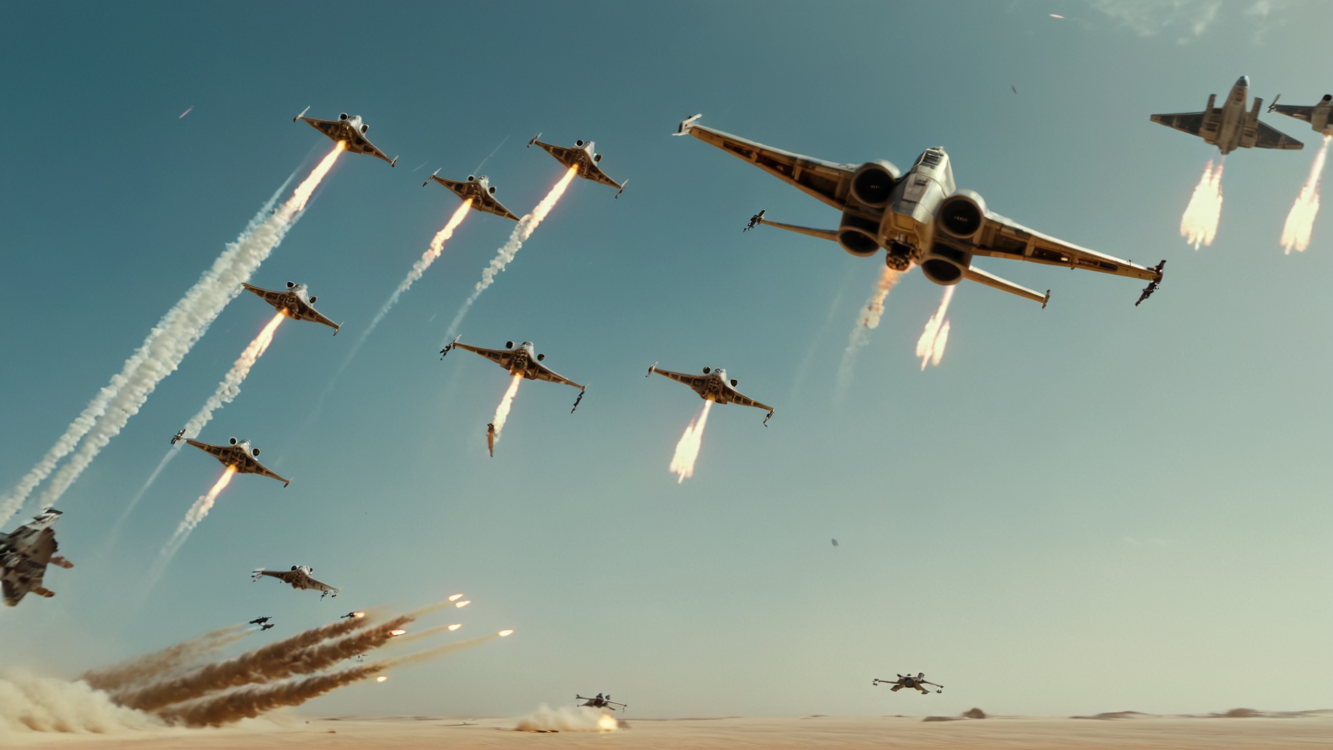 cinematic film still of  <lora:star wars style:0.2>
<lora:detailed:0.4> detailed
<lora:perfection style:0.4> perfect
<lora:PerfectEyesXL:0.5>
 <lora:Chiaroscuro Lighting Style:0.3>
  <lora:Jakku:0.9>
Jakku a group of fighter jets flying through the air,in star wars style,sky,military,no humans,ocean,flying,aircraft,military vehicle,airplane,battle,watercraft,explosion,vehicle focus,ship,firing,missile, shallow depth of field, vignette, highly detailed, high budget, bokeh, cinemascope, moody, epic, gorgeous, film grain, grainy