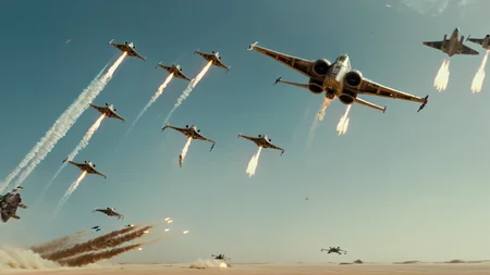 cinematic film still of <lora:star wars style:0.2>
<lora:detailed:0.4> detailed
<lora:perfection style:0.4> perfect
<lora:PerfectEyesXL:0.5>
<lora:Chiaroscuro Lighting Style:0.3>
<lora:Jakku:0.9>
Jakku a group of fighter jets flying through the air,in star wars style,sky,military,no humans,ocean,flying,aircraft,military vehicle,airplane,battle,watercraft,explosion,vehicle focus,ship,firing,missile, shallow depth of field, vignette, highly detailed, high budget, bokeh, cinemascope, moody, epic, gorgeous, film grain, grainy