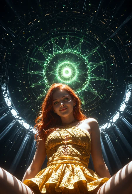 score_9, score_8_up, score_7_up, Expressiveh, EYESHD, from below, looking at viewer, arms crossed, 1girl, young woman, redhead, stacked bob, butterfly face, smirk, green eyes, animal collar, textured skin, fuchsia lycra/spandex backless dress, refraction of light, big white glowing circle on background, black textured background, Expressiveh, EYESHD, from below, looking at viewer, arms crossed, 1girl, young woman, redhead, stacked bob, butterfly face, smirk, green eyes, animal collar, textured skin, fuchsia lycra/spandex backless dress, refraction of light, big white glowing circle on background, black textured background, beautiful detailed intricate highly coherent colorful, lovely surreal attractive futuristic depicted, stunning massive shiny magical atmosphere, sharp focus, epic cinematic, fine detail, professional composition, ambient dynamic illumination, magic, very inspirational, excellent color, artistic, mystical, scenic, vibrant, perfect, illuminated, best, gorgeous, dramatic, great balance, quality, clear, fascinating, exciting, novel