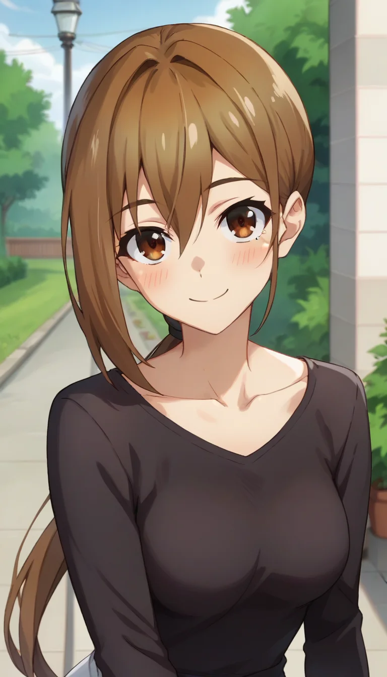 score_9,score_8_up,score_7_up,score_6_up BREAK official art,solo,outdoors,upper body,(portrait:1.5),looking at viewer,facing viewer,smile,blush,Ukai sensei,brown hair,long hair,low ponytail,sidelocks,hair between eyes,bangs,brown eyes,collarbone,black shirt,long sleeves,medium breasts,white pants,high heels,white footwear,<lora:Ukai sensei(snk)-Pony:1.3>,
