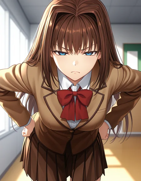 1girl, solo, aozaki aoko, brown hair, long hair, hair intakes, blue eyes, frown, narrowed eyes, closed mouth, school uniform, blazer, white shirt, red bow, brown skirt, pleated skirt, leaning forward, hands on hip, looking at viewer, depth of field, indoors, school <lora:aozaki_aoko_ilxl_v1:0.8>