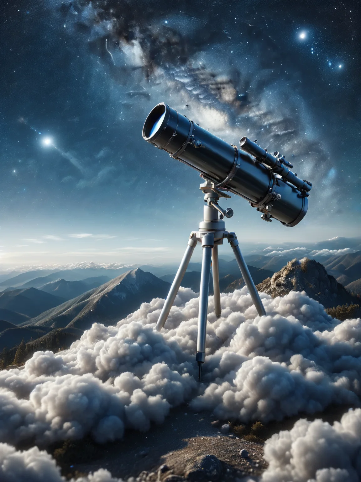 ais-cloudz classic telescope pointing towards a starry night sky on a mountain observatory <lora:Cloudz_Style_SDXL:1>