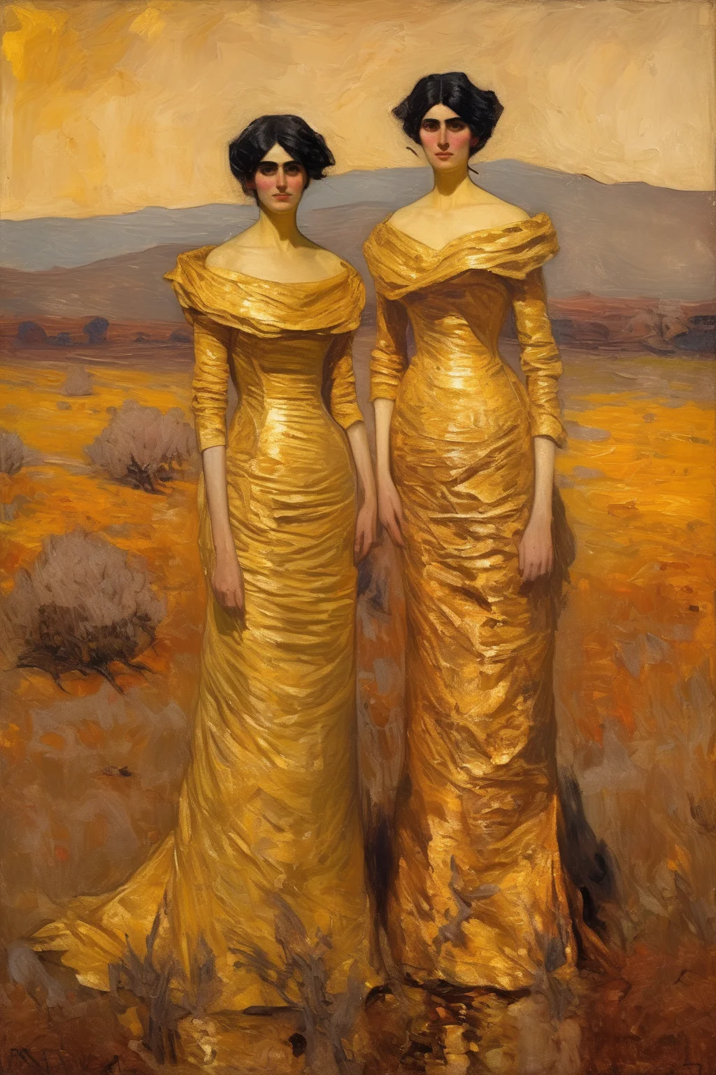<lora:William Langson Lathrop Style:1>William Langson Lathrop Style - a messy, impasto portrait of 2 slim, 30 year old, very beautiful Armenian womanfully covered and wearing lavish, golden gowns in a burning landscape