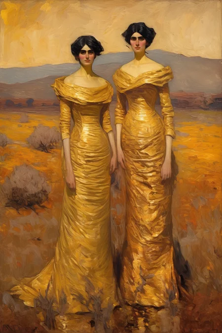 <lora:William Langson Lathrop Style:1>William Langson Lathrop Style - a messy, impasto portrait of 2 slim, 30 year old, very beautiful Armenian womanfully covered and wearing lavish, golden gowns in a burning landscape