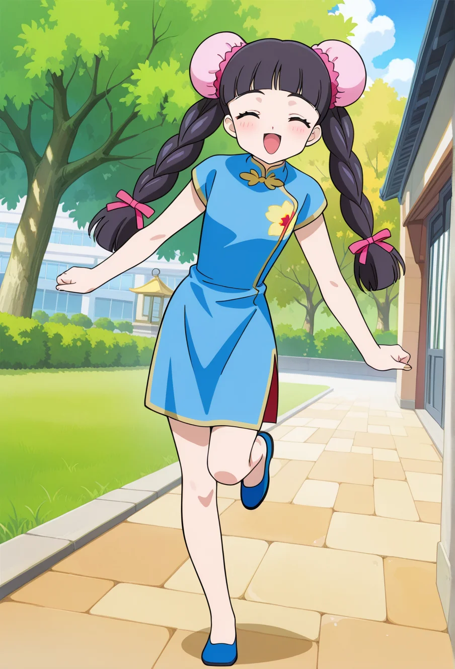 outdoor, oriental, trees, grass, cityscape,
BREAK,
eyes closed, open smile, blush, standing on one leg,
full body,
dynamic angle,
BREAK,
<lora:tomoyoS_illustriousXL_v03:0.9>
tomoyocna, double bun, twintails, twin braids, high braid, pink double bun, purple eyes, long hair, blunt bangs, black hair,
blue china dress, floral print, sleeveless, bare shoulders, knee length dress,
blue footwear,, source_anime, very aesthetic, anime coloring, masterpiece,
best quality, amazing quality, ultra detailed, very aesthetic,
detailed background,
BREAK,