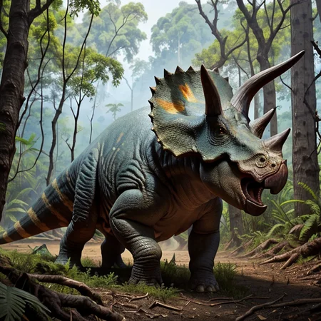 perfect exposure, colorful, masterpiece, best quality, <lora:Triceratops_Dinosaur_Dim32_Anime:0.8>, Triceratops_Dinosaur, Jurassic jungle,