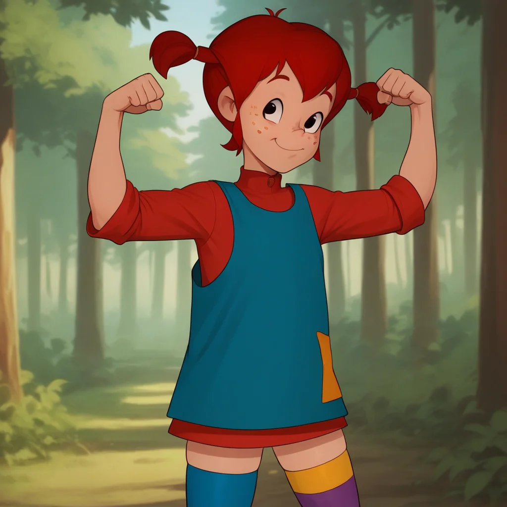 score_8_up, BREAK, Pippi, 1girl, solo, red hair, short twintails, black eyes, freckles,  red dress,  blue overalls, thighhighs, mismatched legwear, multicolored legwear, asymmetrical legwear, <lora:Pippi_Longstocking_PXL_Leaf2:0.8>, forest, blurry background,  cowboy shot, flexing,