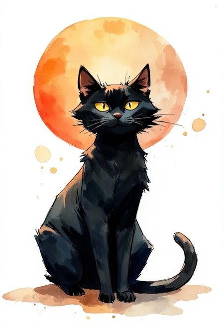 Watercolor painting of black cat the size of a planet