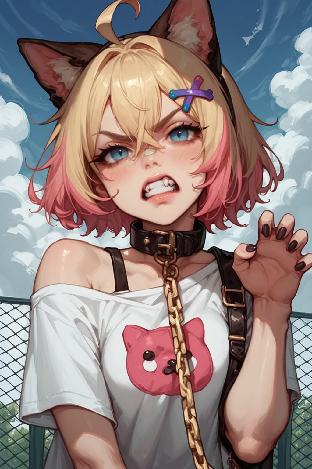 1girl, , animal ears, dog ears, x hair ornament, hair ornament, animal ear fluff, blonde hair, pink hair, solo, black nails, dog girl, shirt, teeth, multicolored hair, collar, white shirt, blue eyes, short hair, looking at viewer, cloud, clenched teeth, single off shoulder, nail polish, sky, streaked hair, blush, black collar, chain, breasts, bandaid, chain leash, hairband, outdoors, claw pose, t-shirt, ahoge, single bare shoulder, bandaid hair ornament, fence, upper body, fingernails, leash, day, animal collar, hair between eyes, blue sky, hairclip, angry, short sleeves, mococo abyssgard, zPDXL3, detailxl, Score_PnyReal