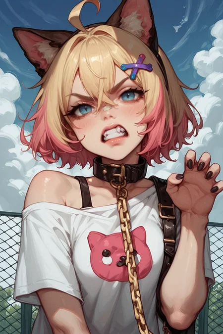 1girl, , animal ears, dog ears, x hair ornament, hair ornament, animal ear fluff, blonde hair, pink hair, solo, black nails, dog girl, shirt, teeth, multicolored hair, collar, white shirt, blue eyes, short hair, looking at viewer, cloud, clenched teeth, single off shoulder, nail polish, sky, streaked hair, blush, black collar, chain, breasts, bandaid, chain leash, hairband, outdoors, claw pose, t-shirt, ahoge, single bare shoulder, bandaid hair ornament, fence, upper body, fingernails, leash, day, animal collar, hair between eyes, blue sky, hairclip, angry, short sleeves, mococo abyssgard, zPDXL3, detailxl, Score_PnyReal